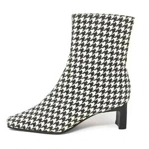 Black White Houndstooth Low Heel Bootie Size 6.5 US Retro Square Toe Ankle Boots